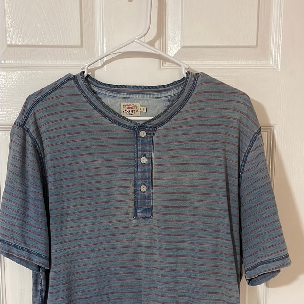 FAHERTY Slate Blue Short Sleeve Henley Tee with Stripes